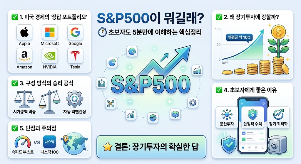 S&P500 지수 뜻과 특징을 정리한 인포그래픽 가이드. 미국 우량기업 분산투자, 장기투자 수익률 그래프, 시가총액 비중 및 자동 리밸런싱 공식, 초보자를 위한 안정적 수익 특징 등 5분 만에 이해하는 핵심 요약 정보 시각화 자료.