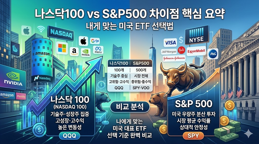 나스닥100과 S&P500 지수의 핵심 차이점과 QQQ 및 SPY ETF 특징을 완벽 비교 요약한 블로그 대표 이미지