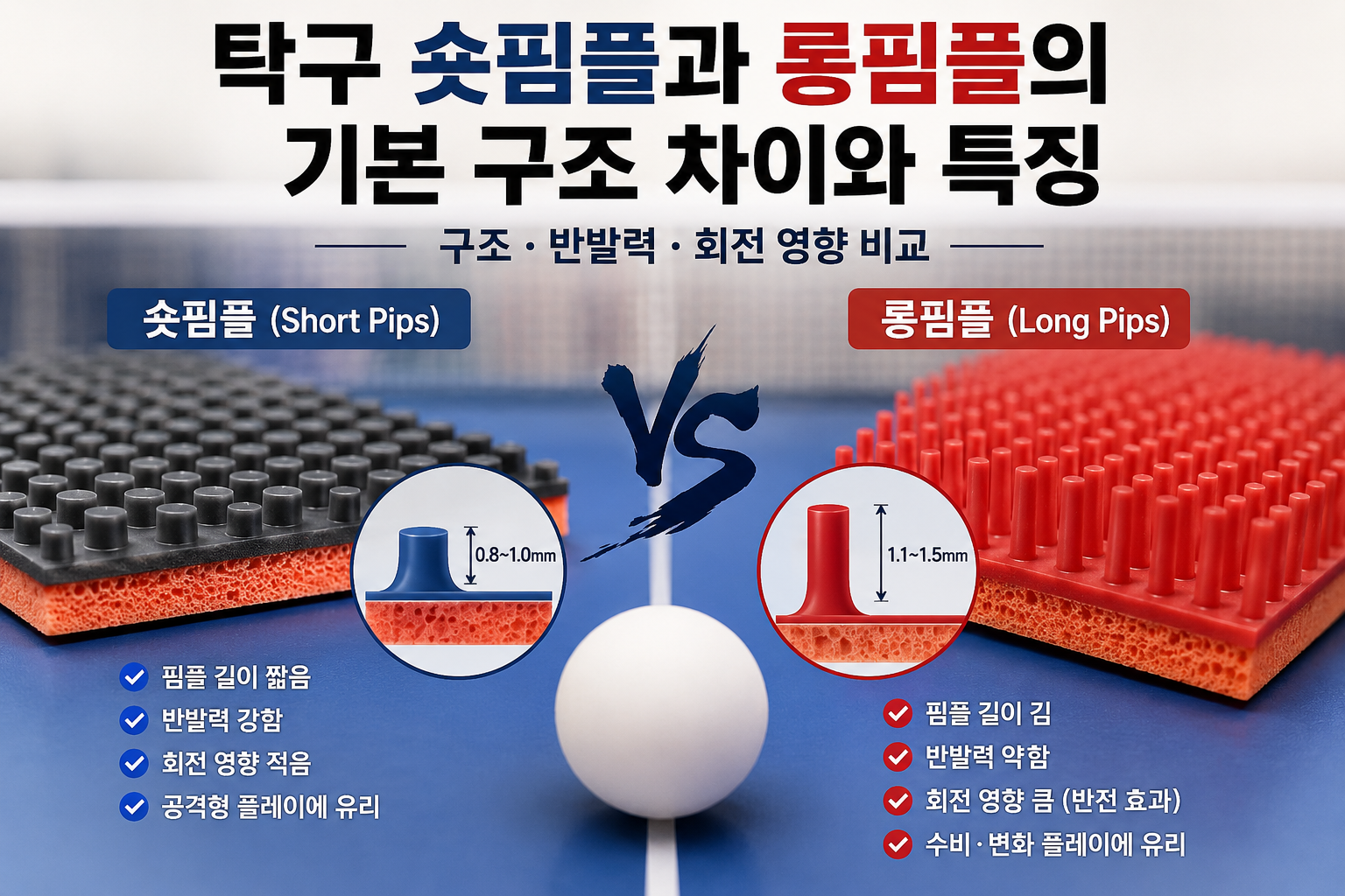 탁구 숏핌플과 롱핌플의 구조 차이와 특징 비교 이미지